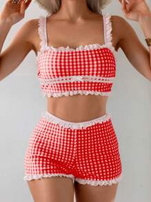 2 件套女士绿色格子随机花卉印花蝴蝶结领口荷叶边下摆上衣 + 腰腿下摆荷叶边下摆短裤休闲可爱简约吊带背心比基尼套装