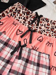 SHEIN 6pcs Plus Size Knit Round Neck Short Sleeve Top & Shorts Pajama Set, Outfits  Cozy And Elegant Details - Multicolor - View 4