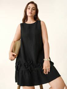 SHEIN LUNE Plus Size Casual Solid Color 3D Flower Decor Sleeveless Dress, Suitable For Vacation - Black - View 4