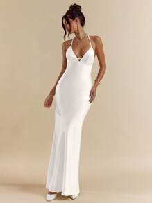 SHEIN BAE Apricot & White Deep V-Neck Backless Tie-Up Dress, Elegant Long Dress For Vacation, Wedding Bridesmaid, Birthday Party, Back To School Graduation, Spring/Summer,Bodycon Dress - White - View 5