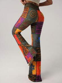 SHEIN ICON Women's Fashionable Retro Contrast Color Block Print Flare Pants - Multicolor - View 7