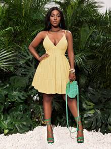 Slaydiva Vestido mini entallado sin mangas de tela de jacquard con recorte de volantes, color amarillo, para uso casual en la playa/días festivos