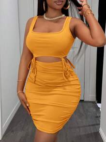 Slaydiva 夏季休闲性感修身褶饰系腰镂空迷你连衣裙 - 黃色 - 查看 3