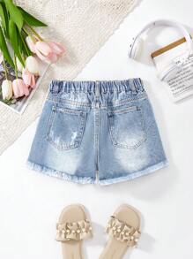 SHEIN Tween Girl Y2K Spring Summer Break Solid Washed High Waist Ripped Raw Hem Denim Jeans Shorts, Summer Beach Boho Vacation Shorts , Summer Concert Festival Casual Rave - Medium Wash - View 2