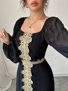 SHEIN Unity 长袖修腰深 V 领连衣裙，黑色，春夏女装 - 黑色 - 查看 3