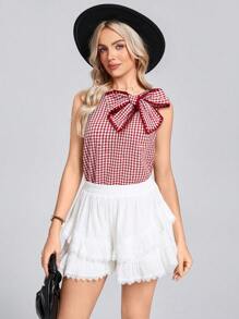 Wildy BOHO Women's Casual Lace-Up Plaid Sleeveless Shirt - Red - View 6