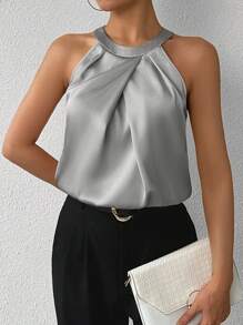 SHEIN Privé Damen Pendler elegantes einfarbiges plissiertes Top mit Trägerhals ohne Ärmel, raffiniert & schlicht für Büro, Sommer - Grau - Übersicht 5