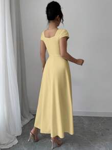 Modelyn Đầm thường ngày cổ vuông màu trơn thanh lịch cho nữ mùa hè - Màu vàng - Xem 2