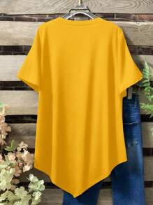 Camiseta de cuello redondo de manga corta de unicolor talla grande, de moda para el verano - Amarillo - Ver 2