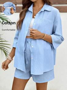 SHEIN Maternity Solid Drop Shoulder Blouse & Shorts Casual 2 Pieces Set - Blue - View 1
