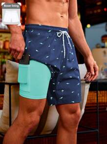 Manfinity Swimmode Men's Shark Print Pocket Lined Beach Shorts - Multicolor - View 1