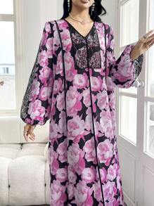 SHEIN Najma Lace Patchwork Floral Print Modest & Romantic Style Arabian Dress - Pink - View 3