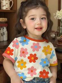 SHEIN Cute Floral Print, Baby Girl Casual Minimalist Short Sleeve Round Neck Top, Suitable For Summer - Multicolor - View 1