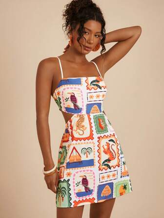 Travachic Women's Vacation Tiger Print Cut-Out Waist Strap Mini Dress, Vacation Style, Woven Graphic Printed, Casual Summer Vacation Outfits Woman, Bohemia Beach Vacation Outfits, Boho Chic, Country Concert Outfit, Holiday Festival Outfits, Beach Outfits For Woman, Summer Outfits For Women, Old Money Style Women, Graduation Outfit, Summer Sun Dress, Birthday Dresses For Women,Bohemian Clothes