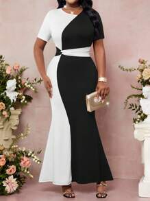 SHEIN Lady 春夏优雅通勤办公室黑色针织V领中长短袖大码连衣裙女夏装女装优雅女士办公室服装女高端服装办公室连衣裙复活节连衣裙女