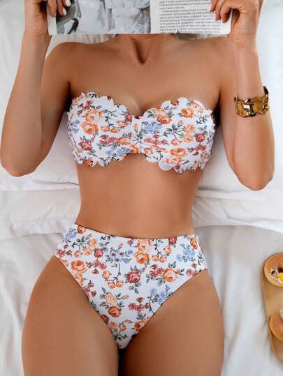 Swim Mod Trajes de baño de mujer, Bikinis con textura de tela estampada con flores y volantes sin tirantes para adolescentes