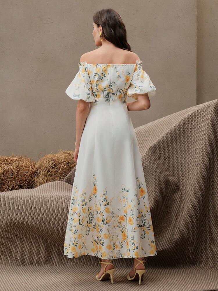 Women's Summer Puff Sleeve Cinched Waist Floral Print Casual Dress, Elegant For Summer, Festival, Holiday, Vacation