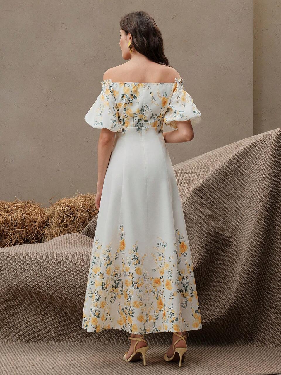 Women's Summer Puff Sleeve Cinched Waist Floral Print Casual Dress, Elegant For Summer, Festival, Holiday, Vacation