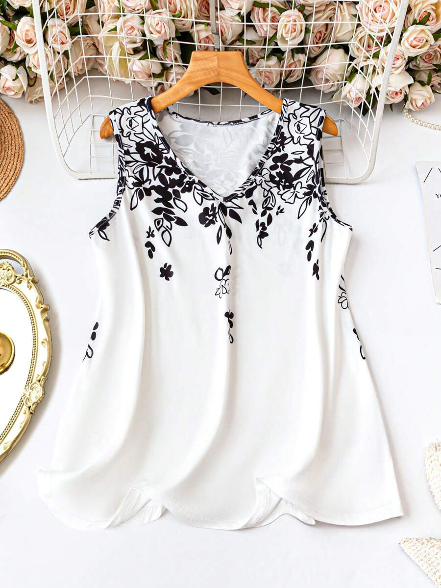Áo ba lỗ họa tiết hoa cho kỳ nghỉ hè Áo thun họa tiết dành cho nữ - Đen và trắng - Xem 1