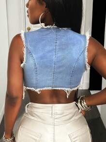 Slaydiva Women's Sleeveless Short Length Denim Cropped Top, Fashion Versatile Vest For Summer - Blue - View 3
