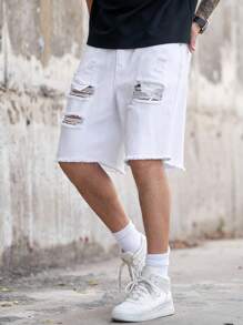 Manfinity LEGND Herren einfarbige Distressed Taschen Lässige Loose Fit Denim-Shorts - Weiss - Übersicht 5