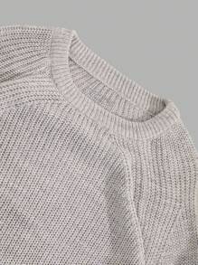 EURMUSE Men Stripe Knitted Raglan Sleeve Patched Regular Sweater - Grey - View 4