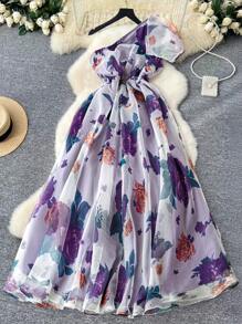 SHEIN LUNE Sifon Marime Plus Rochie Eleganta Romantica Asimetrica Decolteu Floral - Violet - Vizualizare 2