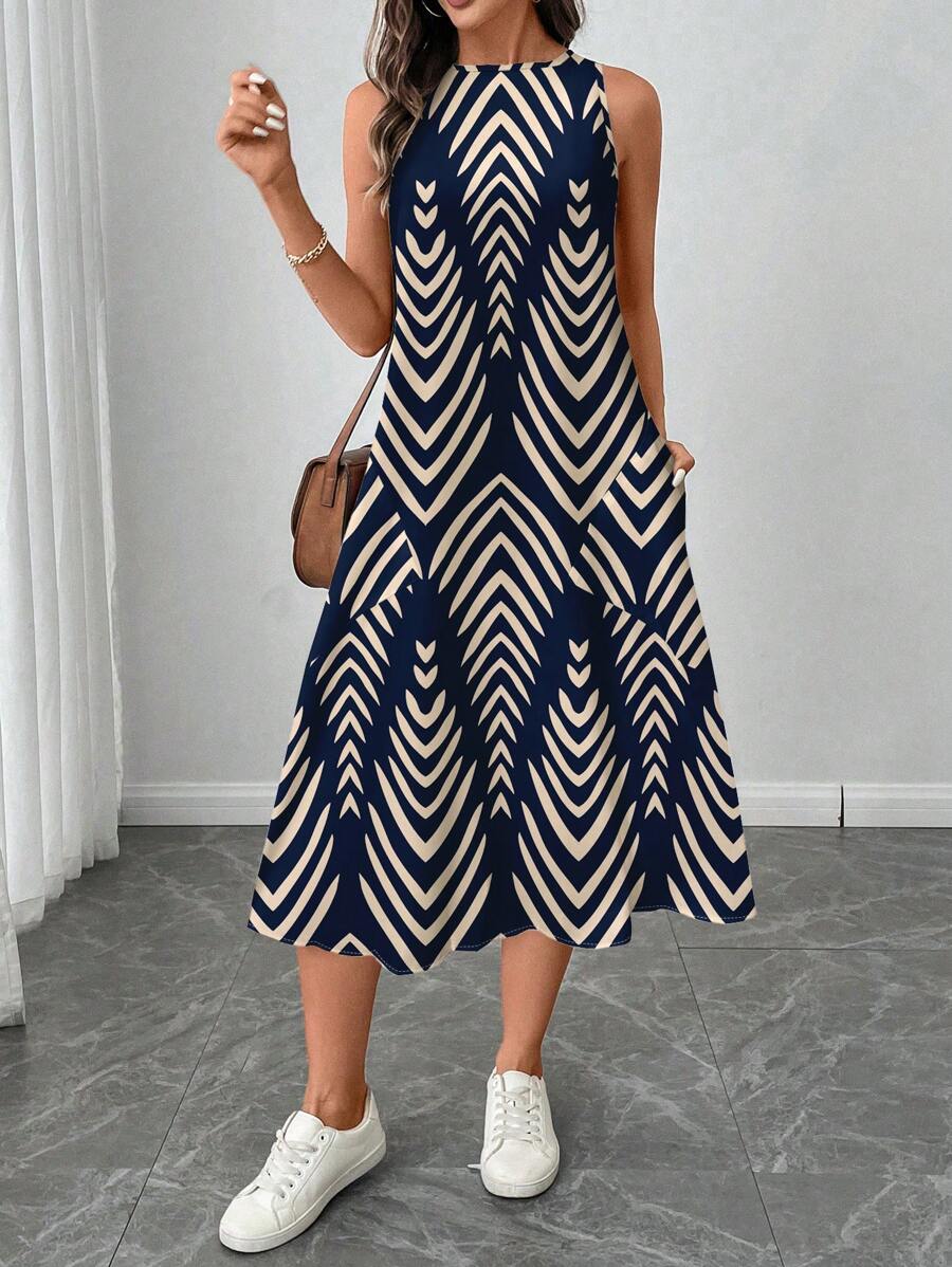 SHEIN LUNE 女士休闲几何条纹印花中长连衣裙，适合春夏季