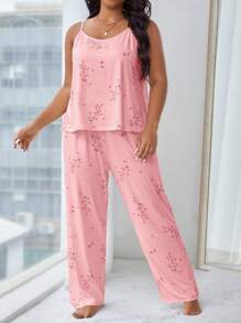Plus Size Pajama Set, Solid Color Camisole And Pants, Fashionable For Summer - Coral Pink - View 4