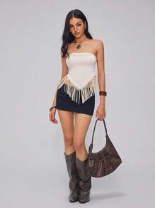 Roylia 女士纯色抹胸拼布下摆流苏休闲假日上衣 - 杏色 - 查看 5