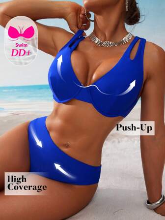 Swim DD+ Enfärgad ihålig stödjande bygel hög midja Enkel & elegant dam Resort Bikini 2 delar baddräkt