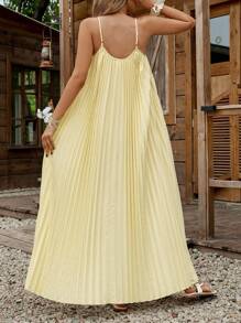 SHEIN LUNE 奶油黄女士夏季度假纯色宽松褶皱吊带连衣裙 黄色正式连衣裙 黄色真丝连衣裙 女士夏季连衣裙 毕业礼服 女士连衣裙 夏季防晒连衣裙 婚礼宾客礼服 - 綠色 - 查看 7