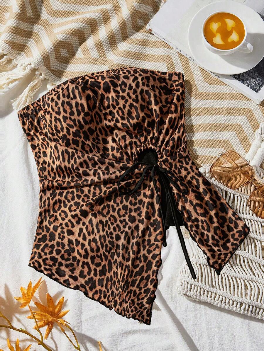 SHEIN VCAY 大码女式豹纹短款吊带背心，侧开衩上衣 - 彩色 - 查看 1