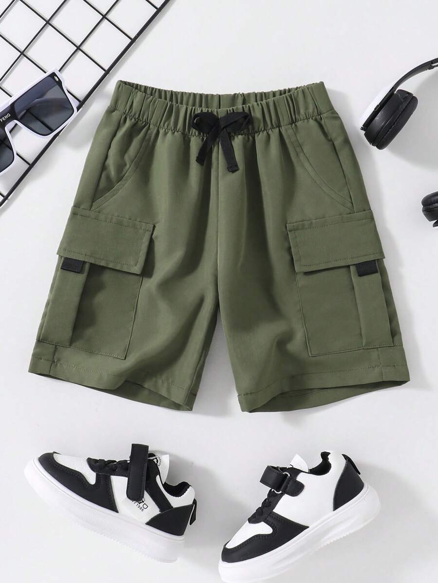 Young Boy Casual & Daily Wear Cargo Shorts With Large Pockets, Breathable & Comfortable Capri Shorts Suitable For Summer - Army Green - View 1
