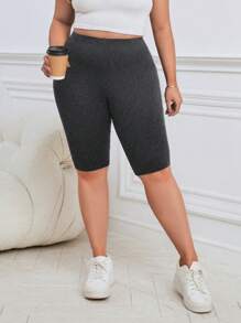 SHEIN Essnce Plus Size Casual Solid Color Leggings , Biker Shorts - Grey - View 4