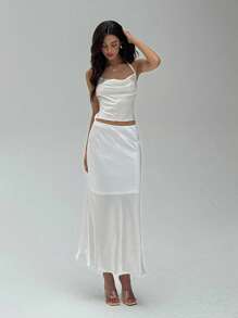 Aloruh Damen sexy und elegantes Drapierung Hals Halfter Satin Top und Meerjungfrau Maxi Rock Zweiteiler, Outfit für Hochzeitsgäste, Outfit für Hochzeitsanlässe, Zweiteiler Rock