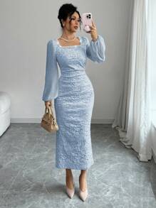 Modelyn Women's Apricot Linked Mixed Material Intarsia Waisted Bodycon Dress Fall Cloth For Women