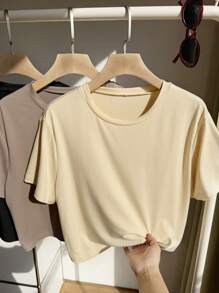 Comfortcana 3pcs/Pack Plus Size Basic Round Neck Colorful Short Sleeve T-Shirts, Casual Tops - Multicolor - View 7