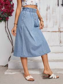 EMERY ROSE Women's Denim Ruffle Hem Pocketed Casual Mini Skirt - Light Wash - View 5