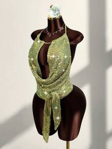 Amplova Top de tirantes con cuello drapeado y espalda con lazo, sexy, para mujer, ideal para vacaciones de verano - Verde - Ver 3