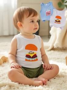 SHEIN Playful Pals 2pcs/Set Baby Boys Casual Food Graphics Print Round Neck Sleeveless T-Shirt Vest Tops, Versatile Cute Comfortable, Suitable For Summer Outings And Daily Wear
