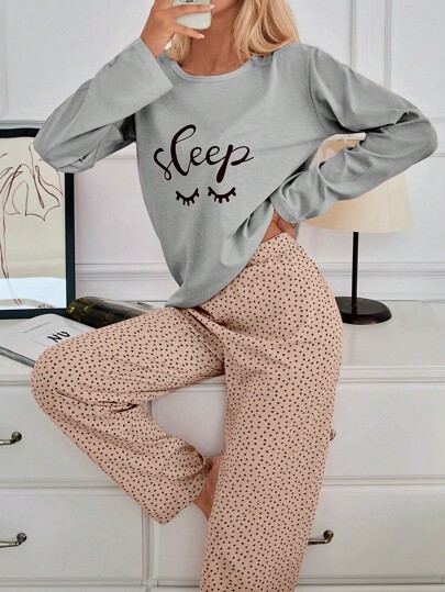 RueChic Conjunto de pijama 100% algodão com estampa de olhos e corações, 2 peças