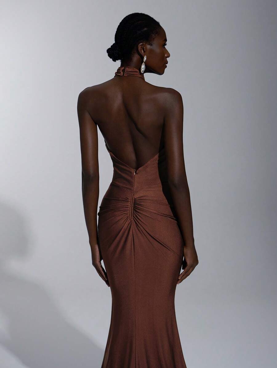 Elitara 优雅、浪漫、性感、简约棕色弹力抹胸露背修身打结透视时尚网红连衣裙，适合节日、生日派对、婚礼、伴娘 - 鏽棕色 - 查看 1
