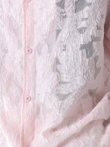 Áo sơ mi khu nghỉ dưỡng cổ Organza Burnout Luxury vừa vặn với kỳ nghỉ hè, tiệc bãi biển, phòng chờ, thiết kế cài nút tay ngắn - Màu Hồng  San hô - Xem 4