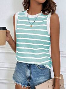 EMERY ROSE Parte superior gráfica informal de verano para mujer con cuello redondo y rayas blancas y negras