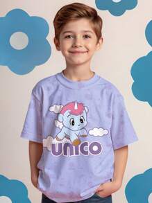 Unico X SHEIN Young Boy Summer Casual Unicorn Print Round Neck Short Sleeve T-Shirt