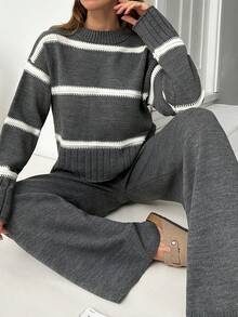 EURMUSE Women High Neck Striped Knit Sweater And Cozy Knit Sweater Pant 2pcs Set Co-Ords Knit Two Piece Set Grey Two Piece Set Two Piece Lounge Set Striped Two Piece Set Comfortable Two Piece Set,Winter Clothes - Dark Grey - View 4