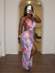 INAWLY Women's Sexy Hollow-Out Tie-Dye Split Halter Mini Dress