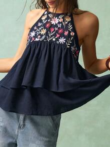 Bohemela Women Casual Solid Color Woven Embroidered Off-Shoulder Tank Top - Black - View 6