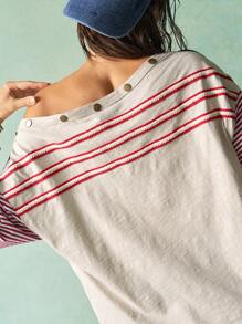 Bohemela Plus Striped & Number Print Asymmetrical Neck Tee - Apricot - View 2